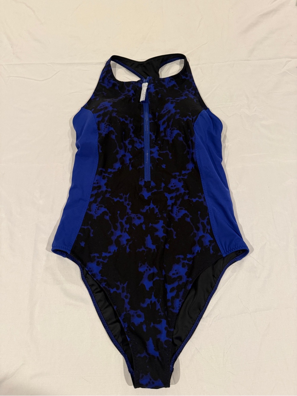 Fabletics High Tide Zip-Front One-Piece Swimsuit Blue Tortoise Dye/Admiral Blue
